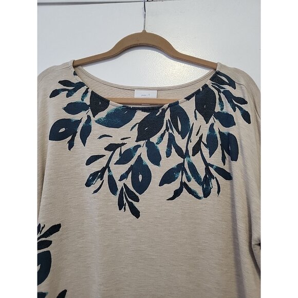PureJill J Jill Tunic Top Tan Blue Leaf Print Boat Neck Button XL Oversized - Picture 2 of 7